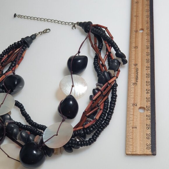 Vintage Statement Necklace Natural Shell Wood Beaded Adjustable Lobster Clasp - Picture 4 of 4